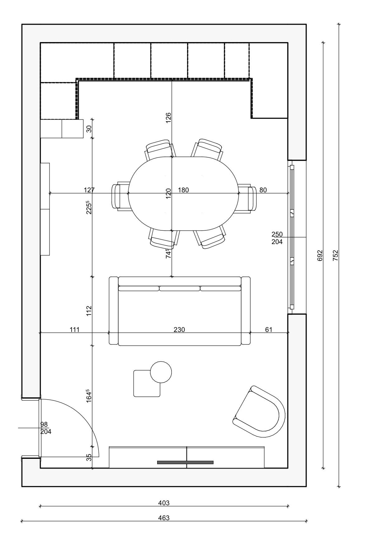 Layout where the sofa is centrally placed for zoning between living and dining areas