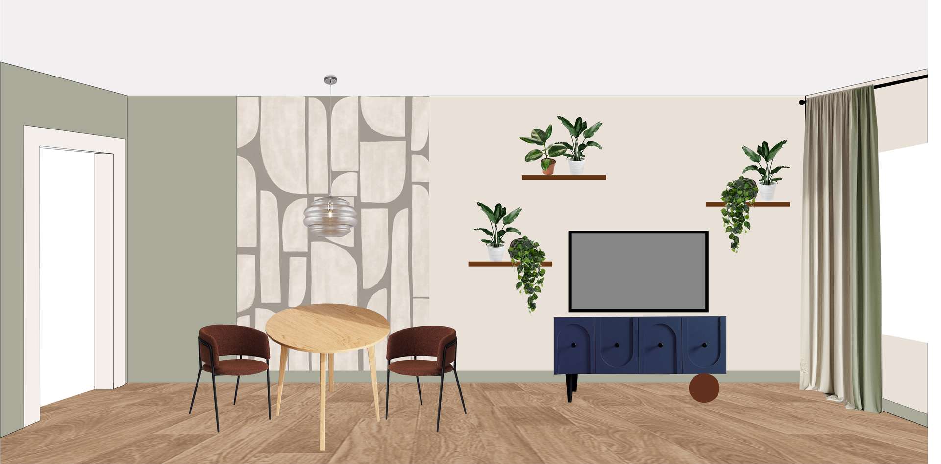 Wallpaper and gray-green wall painting