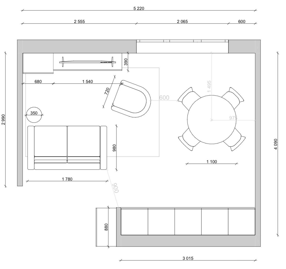Living room combined with kitchen