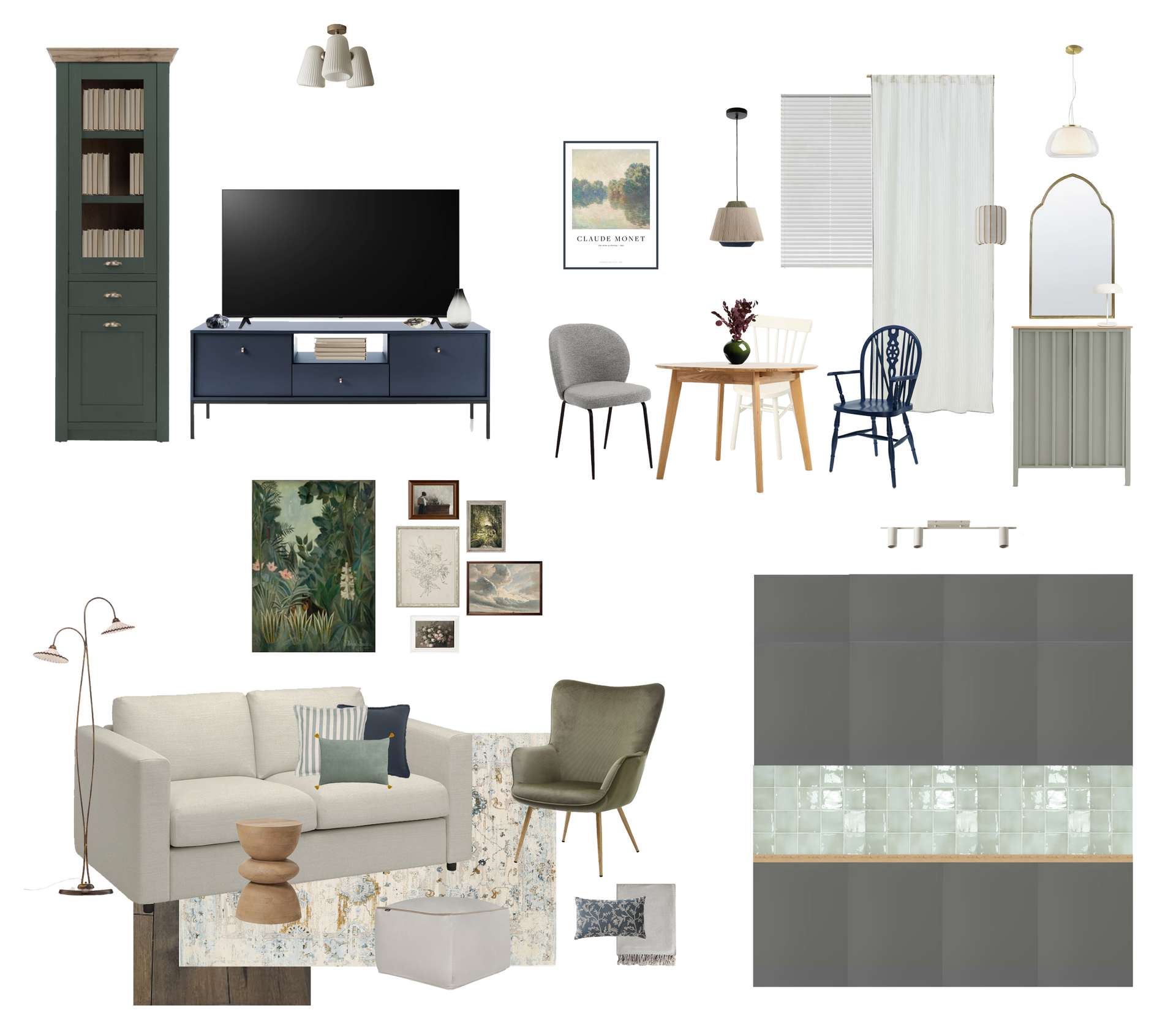 Blue and green accents in the interior