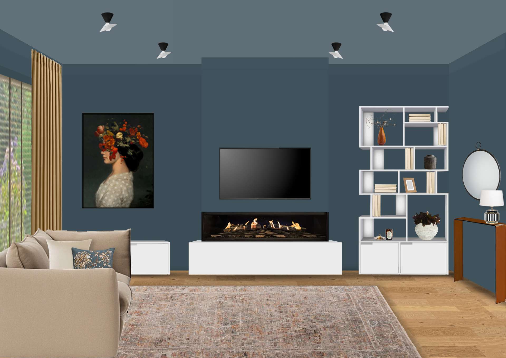 Living room with a fireplace and an accent painting in Macclesfield