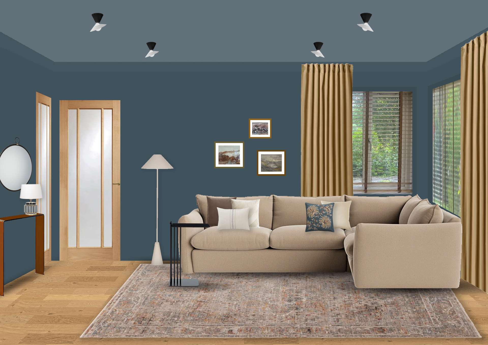 Beige sofa against blue walls