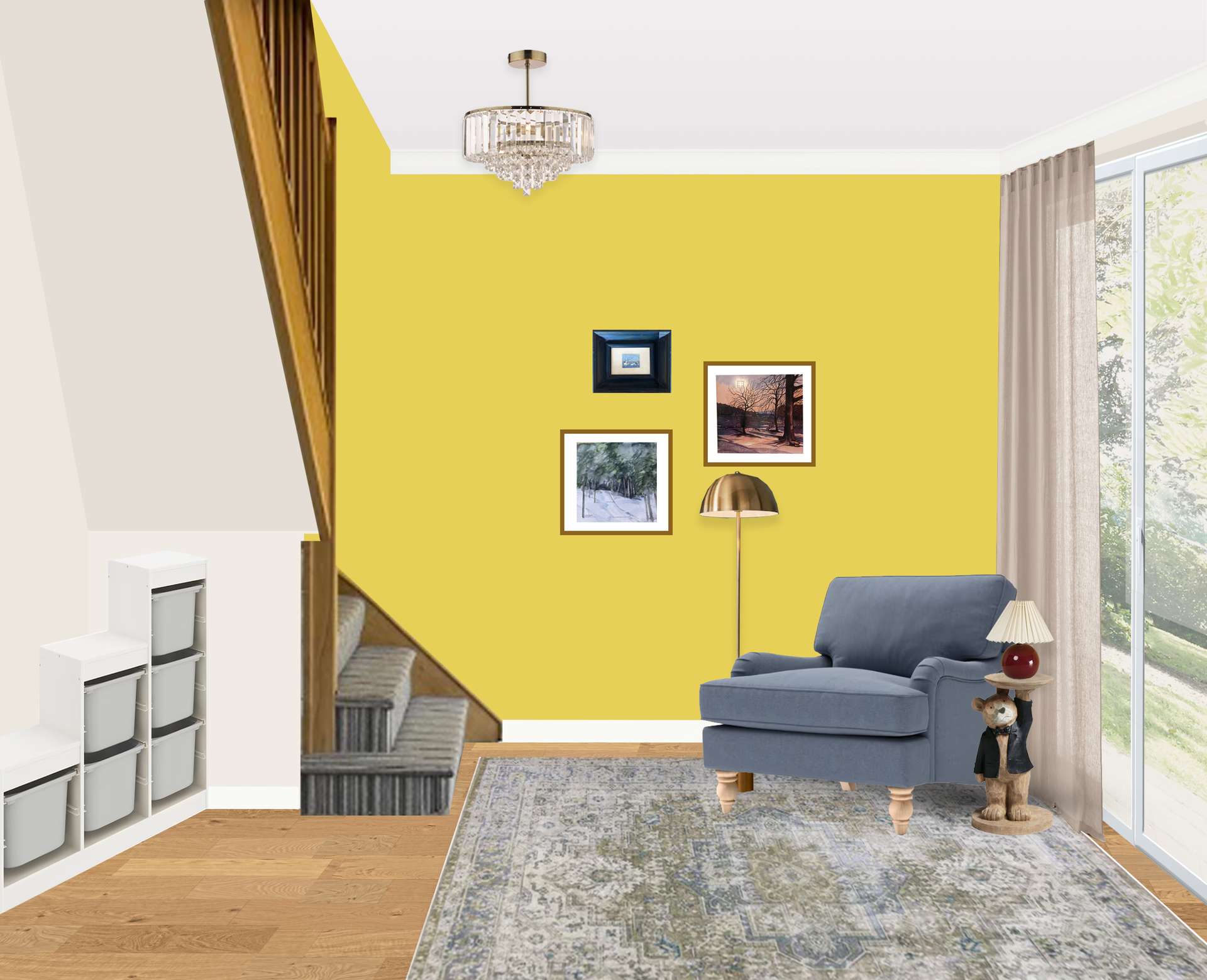 Blue armchair against a yellow wall