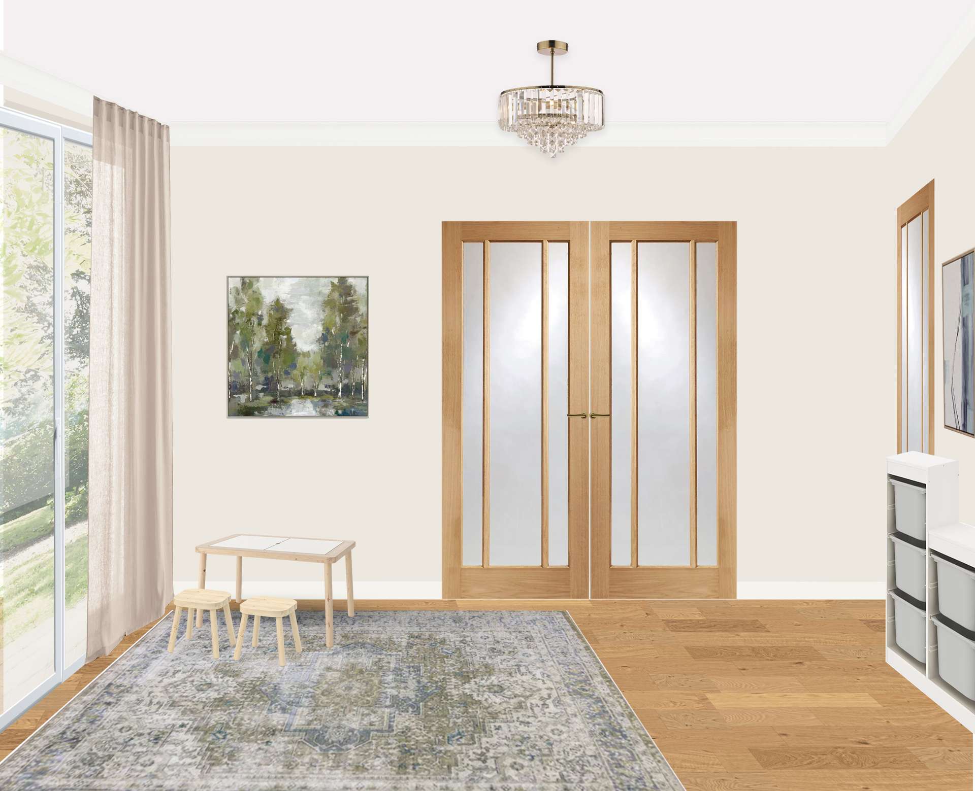Double doors and a golden chandelier